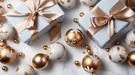 Christmas or New Year background. White gift boxes with gold Christmas balls and ribbons on a white background, top view. Christmas greeting card. Generative AI technology.の素材