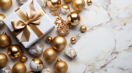 Christmas or New Year background. White gift boxes with gold Christmas balls and ribbons on a white background, top view. Christmas greeting card. Generative AI technology.の素材