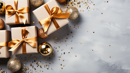 Christmas or New Year background. White gift boxes with gold Christmas balls and ribbons on a white background, top view. Christmas greeting card. Generative AI technology.の素材