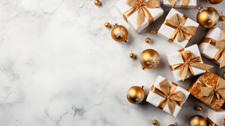 Christmas or New Year background. White gift boxes with gold Christmas balls and ribbons on a white background, top view. Christmas greeting card. Generative AI technology.の素材