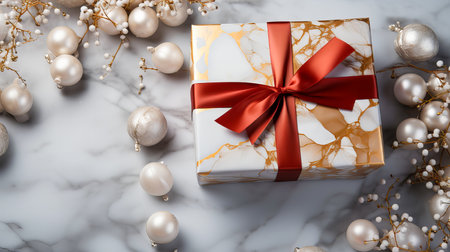 Christmas or New Year background. White gift boxes with gold Christmas balls and ribbons on a white background, top view. Christmas greeting card. Generative AI technology.の素材