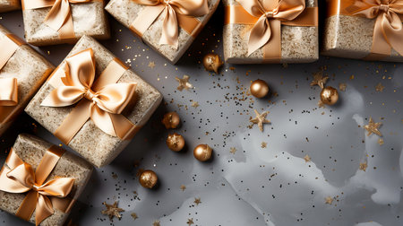 Christmas or New Year background. White gift boxes with gold Christmas balls and ribbons on a white background, top view. Christmas greeting card. Generative AI technology.の素材