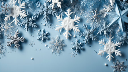 Snowflakes on blue background. Christmas and New Year concept.の素材