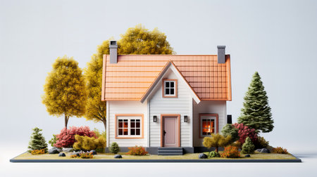 3d rendering of a small house on a white background with treesの素材