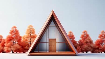 3d render of a house with a wooden door and a treeの素材
