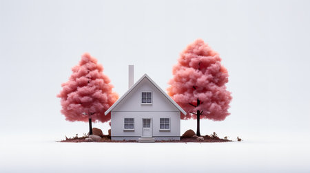 Miniature model of a house with trees and grass on white background. 3d rendering. Generative AI technology.の素材