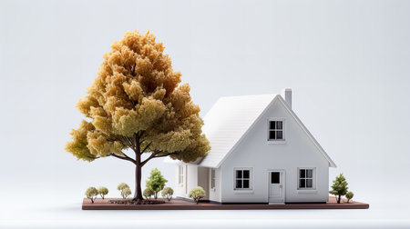 Miniature model of a house with trees and grass on white background. 3d rendering. Generative AI technology.の素材