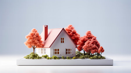 House model with trees on white background. Real estate concept. 3D Renderingの素材