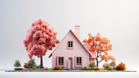 Miniature model of a house with trees and grass on white background. 3d rendering. Generative AI technology.の素材