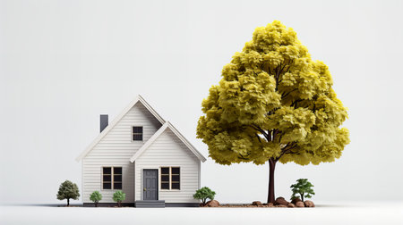 Miniature model of a house with trees and grass on white background. 3d rendering. Generative AI technology.の素材