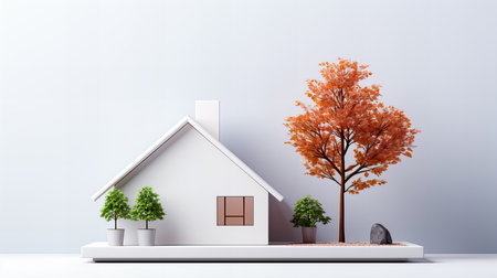 3d render of house model with tree on the white background.の素材