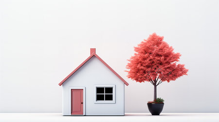 House model with red tree on white background. Real estate concept.の素材