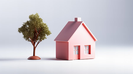 House and tree on white background. Real estate concept. 3D renderingの素材