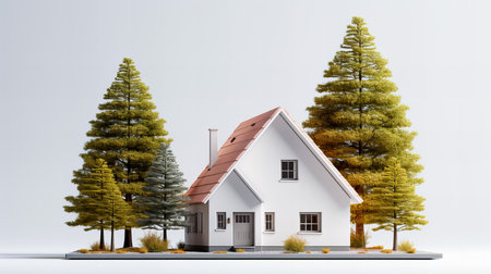 Miniature model of a house with trees and grass on white background. 3d rendering. Generative AI technology.の素材
