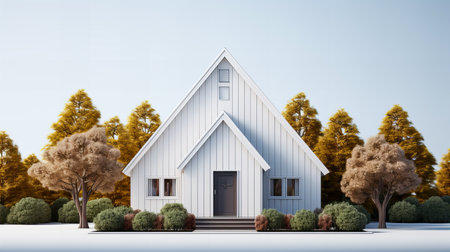 3d rendering of a house in a park with trees in the backgroundの素材