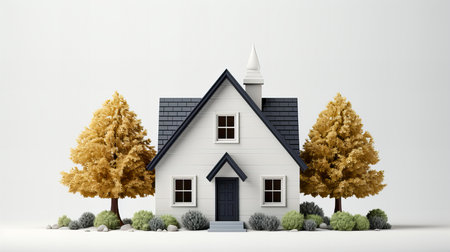 House with trees in front of a white wall - 3d renderingの素材