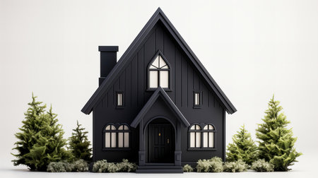 Black house with coniferous trees on a white background. 3d renderingの素材