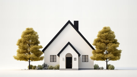 House with tree in front of white background. 3D rendering.の素材