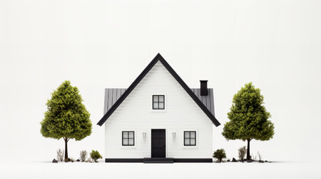 3D rendering of a house with trees on a white background.の素材