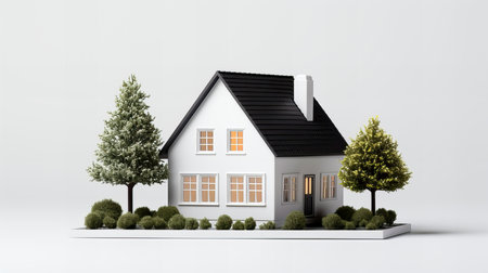 3d rendering of a house with trees in the foreground on a white backgroundの素材