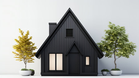 3d rendering of a black wooden house in a white room.の素材