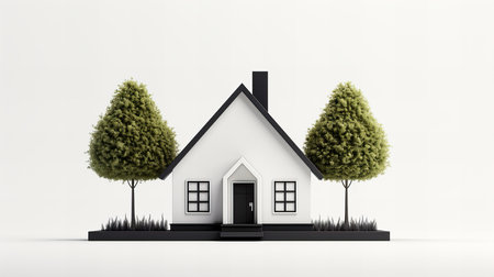 3d rendering of a house with trees on a white background.の素材