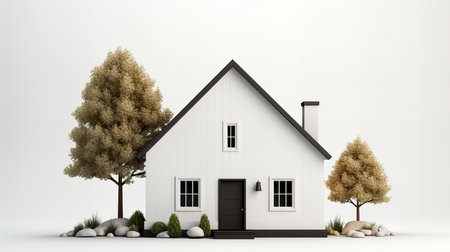 3D render of a house with trees in front of white backgroundの素材
