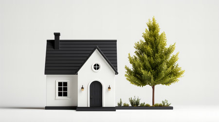 3d rendering of a house with a tree on a white backgroundの素材