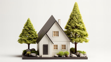 House model with trees on white background. Real estate concept. 3D renderingの素材
