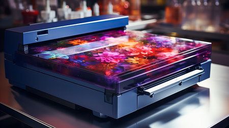 3d render of a modern laser printer in a laboratory with colorful flowersの素材