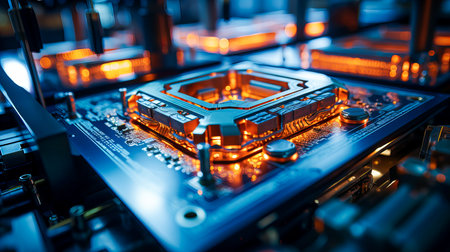 Close-up of a computer processor with a microcircuit.の素材