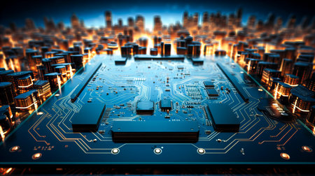Circuit board with cityscape on the background. 3d renderingの素材