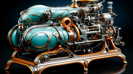 3d rendering of an old car engine on black reflective background.の素材