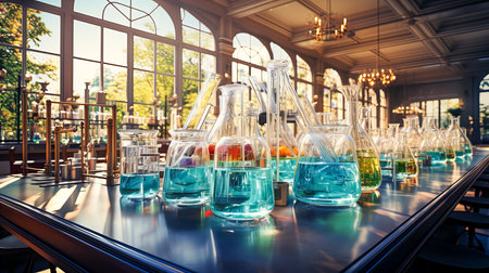 Laboratory glassware with colorful liquid in the lab. Scientific research concept.の素材
