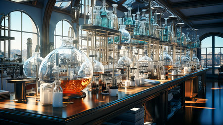 Laboratory glassware with chemical liquid in laboratory. 3d renderingの素材