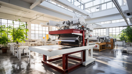 interior of a modern printing factory with a large offset machine.の素材