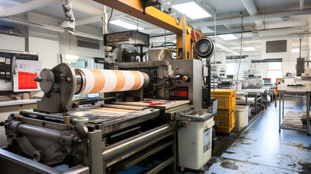 Interior of a modern printing factory with a large offset machine. 3d rendering.の素材
