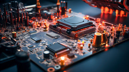 Electronic circuit board close-up. Electronic hardware technology. Motherboard digital chip. Integrated communication processor. Information engineering component.の素材