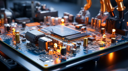 Close-up of electronic circuit board with electronic components. technology backgroundの素材
