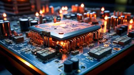 Close-up of electronic circuit board with many electrical components. Selective focus.の素材