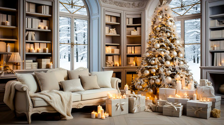 Beautiful living room with Christmas tree and fireplace. 3d rendering.の素材