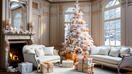 Christmas living room interior with a Christmas tree and gifts. 3d renderの素材