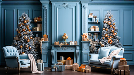 Classic blue living room interior with Christmas tree, fireplace, armchair and gifts. 3d renderの素材