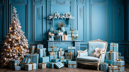 Classic blue living room interior with Christmas tree, fireplace, armchair and presents. 3d renderの素材