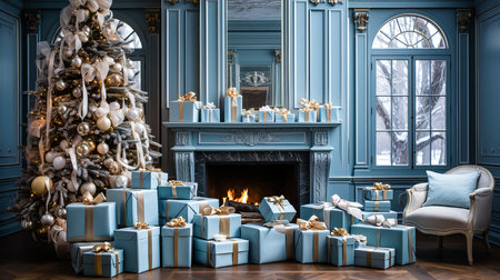 Luxury apartments with Christmas tree, fireplace and gifts. Classic apartments with Christmas decorationsの素材