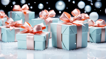 Gift boxes with ribbons and snowflakes on black backgroundの素材