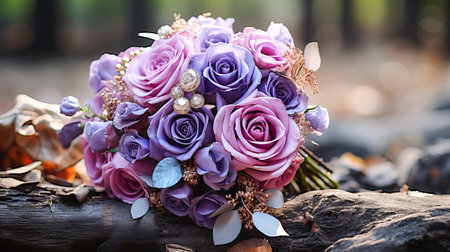 Wedding bouquet of purple roses on a wooden background.の素材