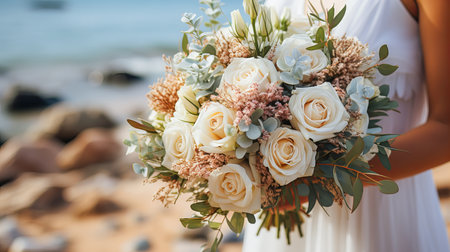 Beautiful wedding bouquet in hands of the bride on the beachの素材