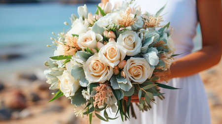 Wedding bouquet of white roses in the hands of the brideの素材