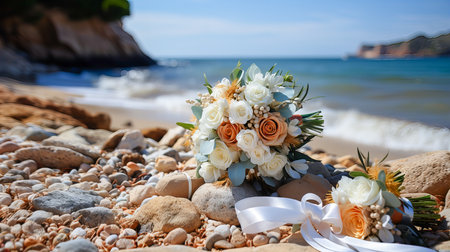 Wedding bouquet on the beach. Wedding in Montenegroの素材